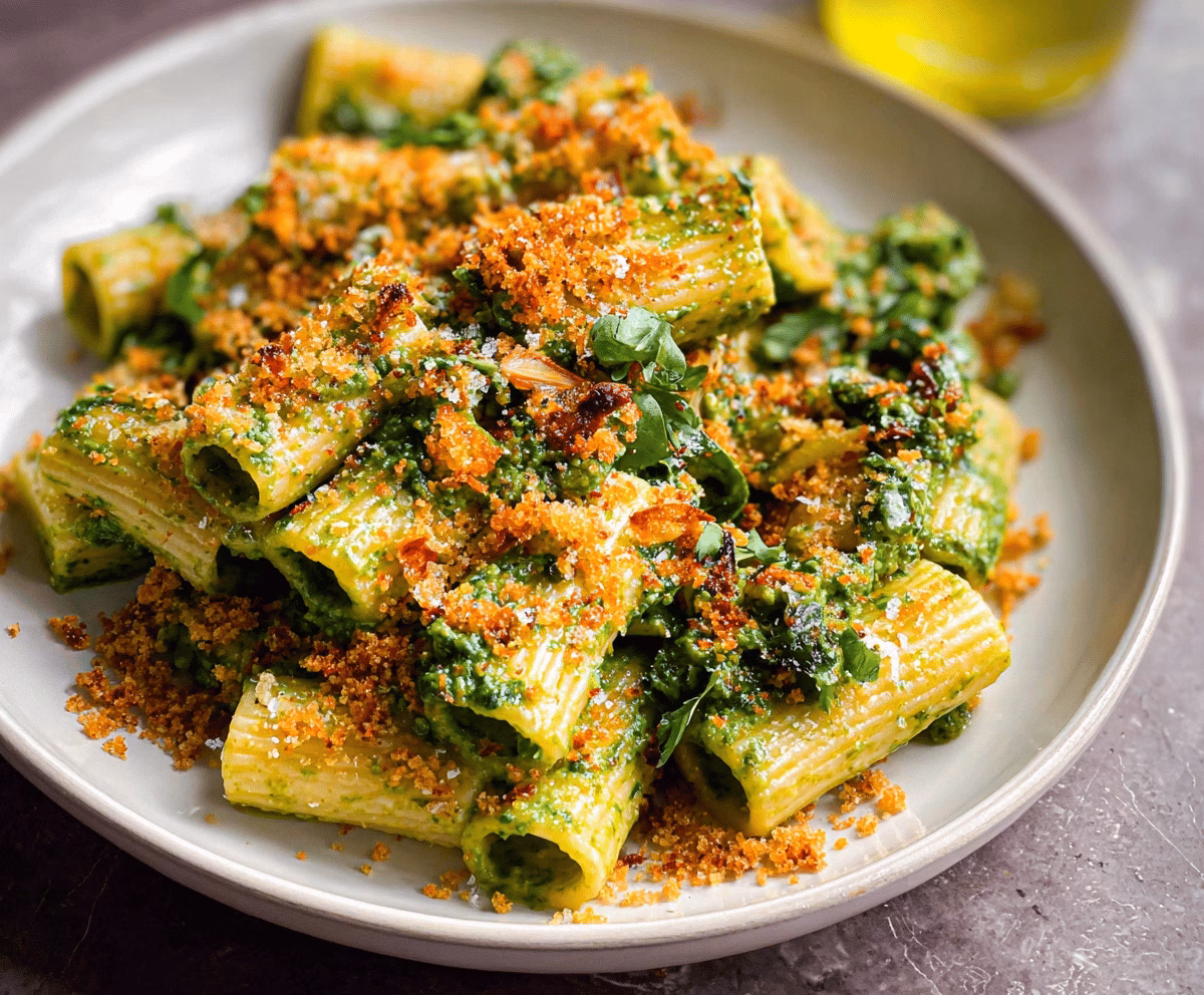 Creamy Pesto Rigatoni With Spicy Garlic Breadcrumbs